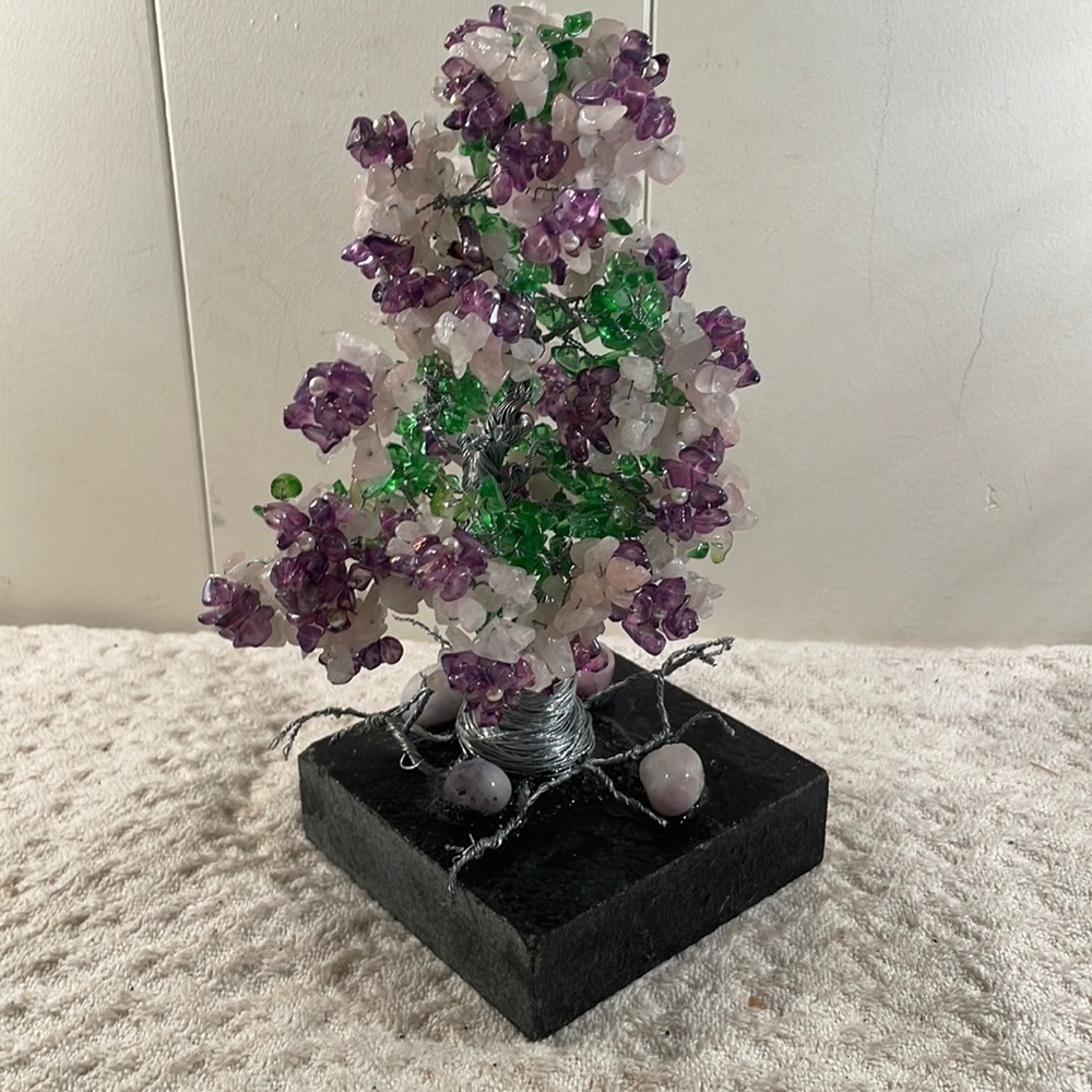 Tree of Life Multi Color Gemstone Nuggets Gold Wired Tree Marble Square Base
